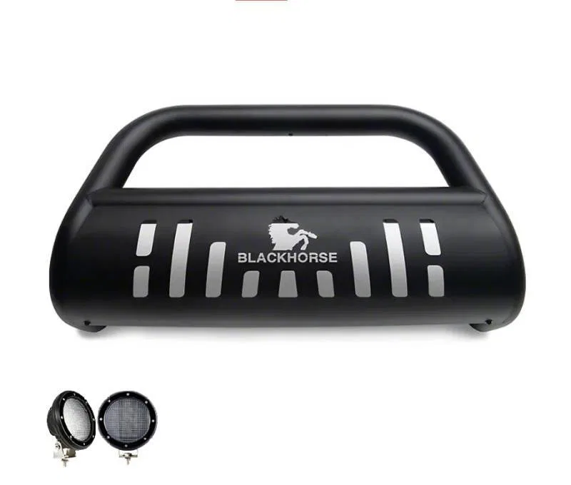 BBTY920A-SP-PLFB – BLACK HORSE Bull Bar, 2-1/2 Inch Diameter Tube Powder Coated Matte Black Steel With Skid Plate Wit...